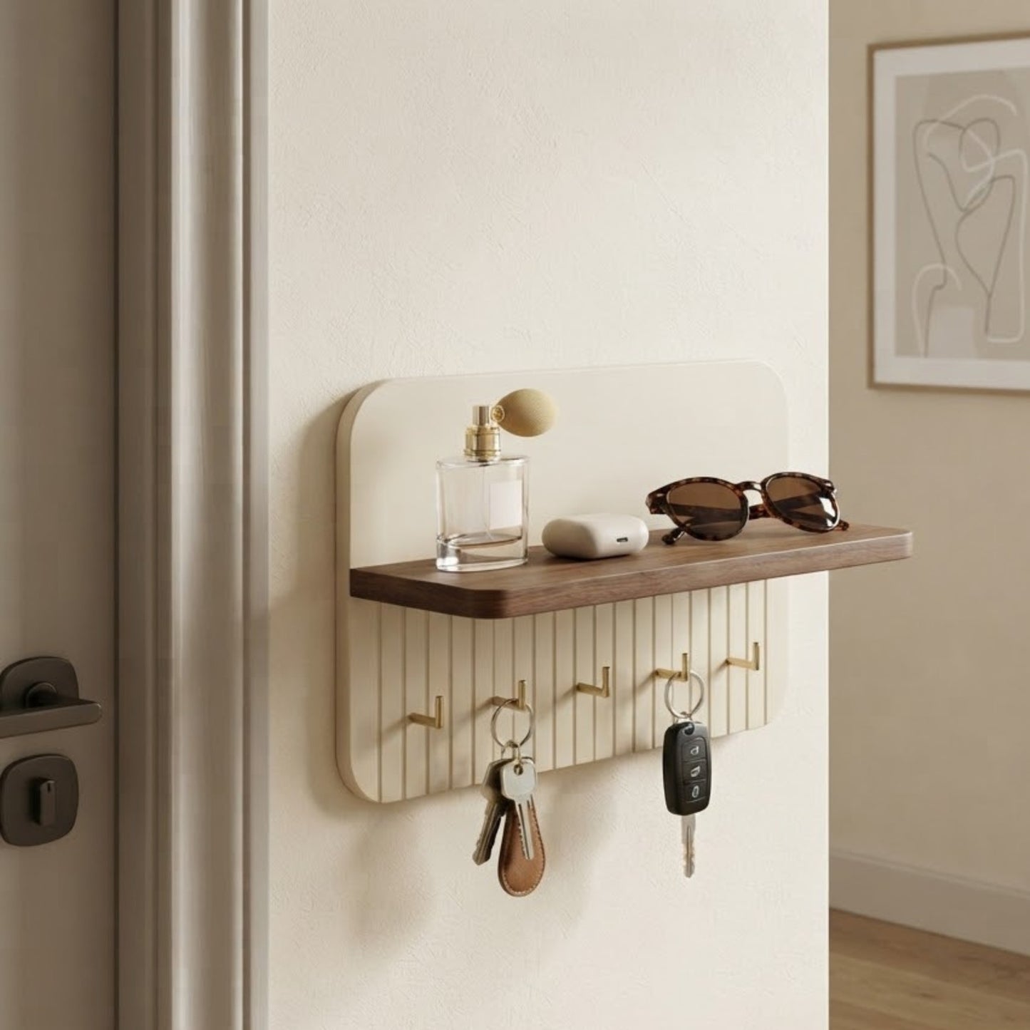 Home Sparkle Ivory Curve Key Holder with Shelf | Wooden Wall Mounted Key Organizer