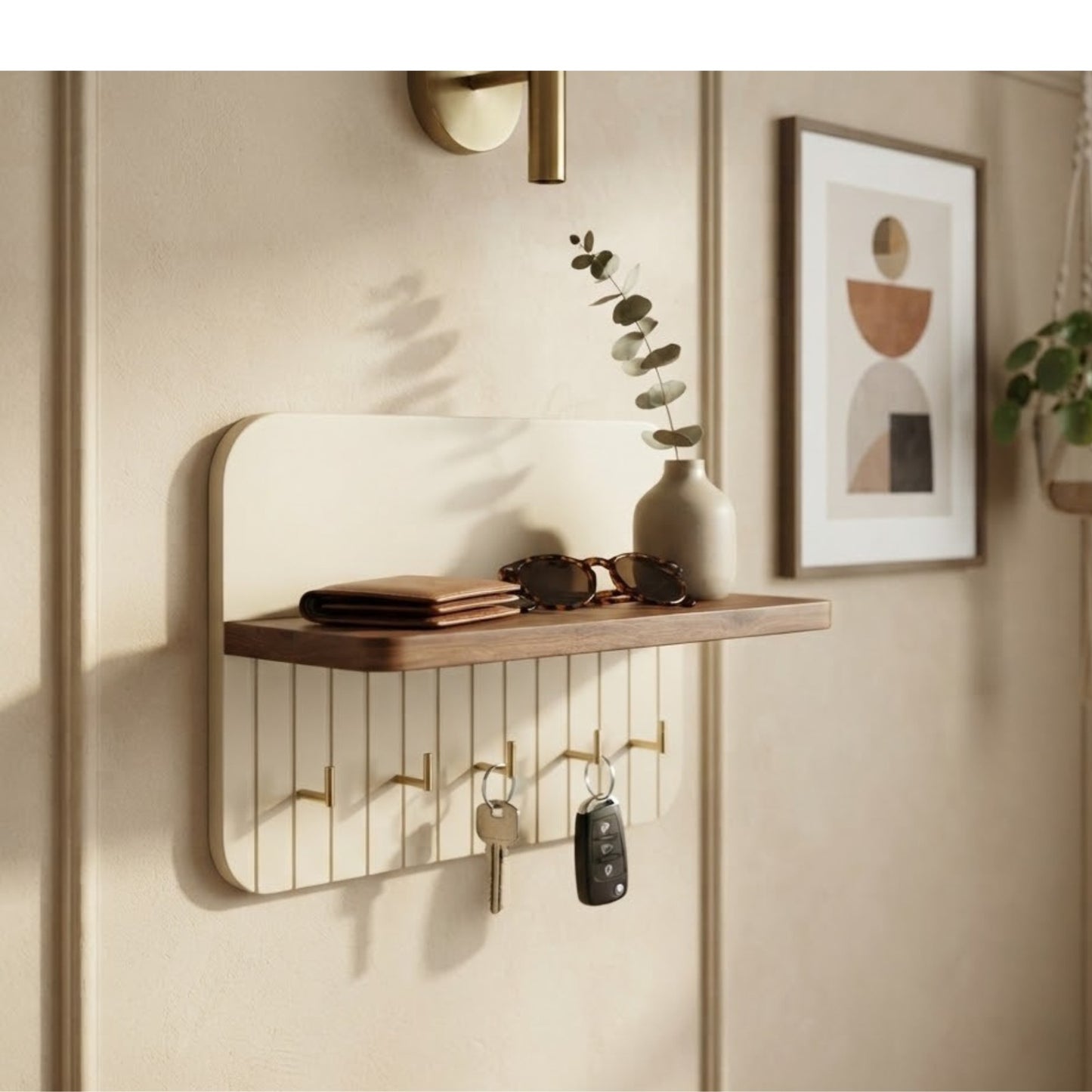 Home Sparkle Ivory Curve Key Holder with Shelf | Wooden Wall Mounted Key Organizer