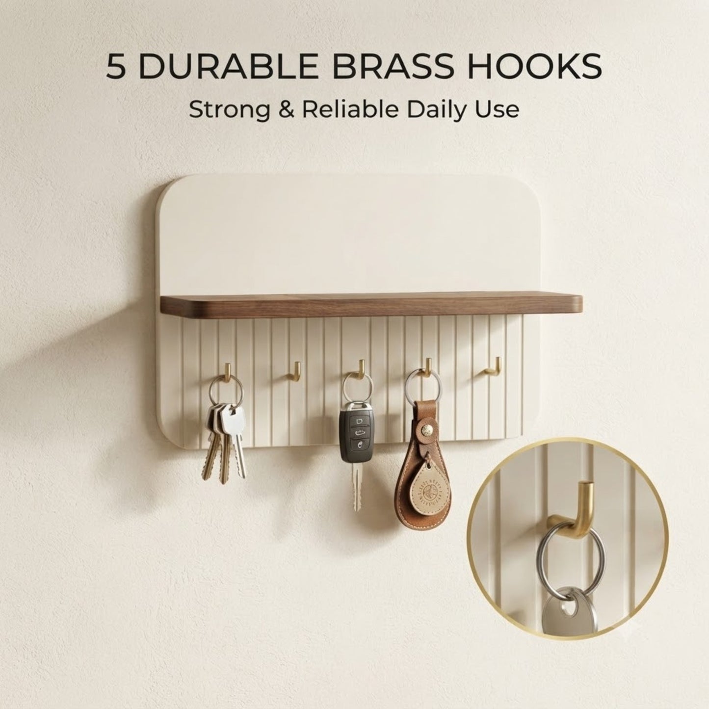 Home Sparkle Ivory Curve Key Holder with Shelf | Wooden Wall Mounted Key Organizer