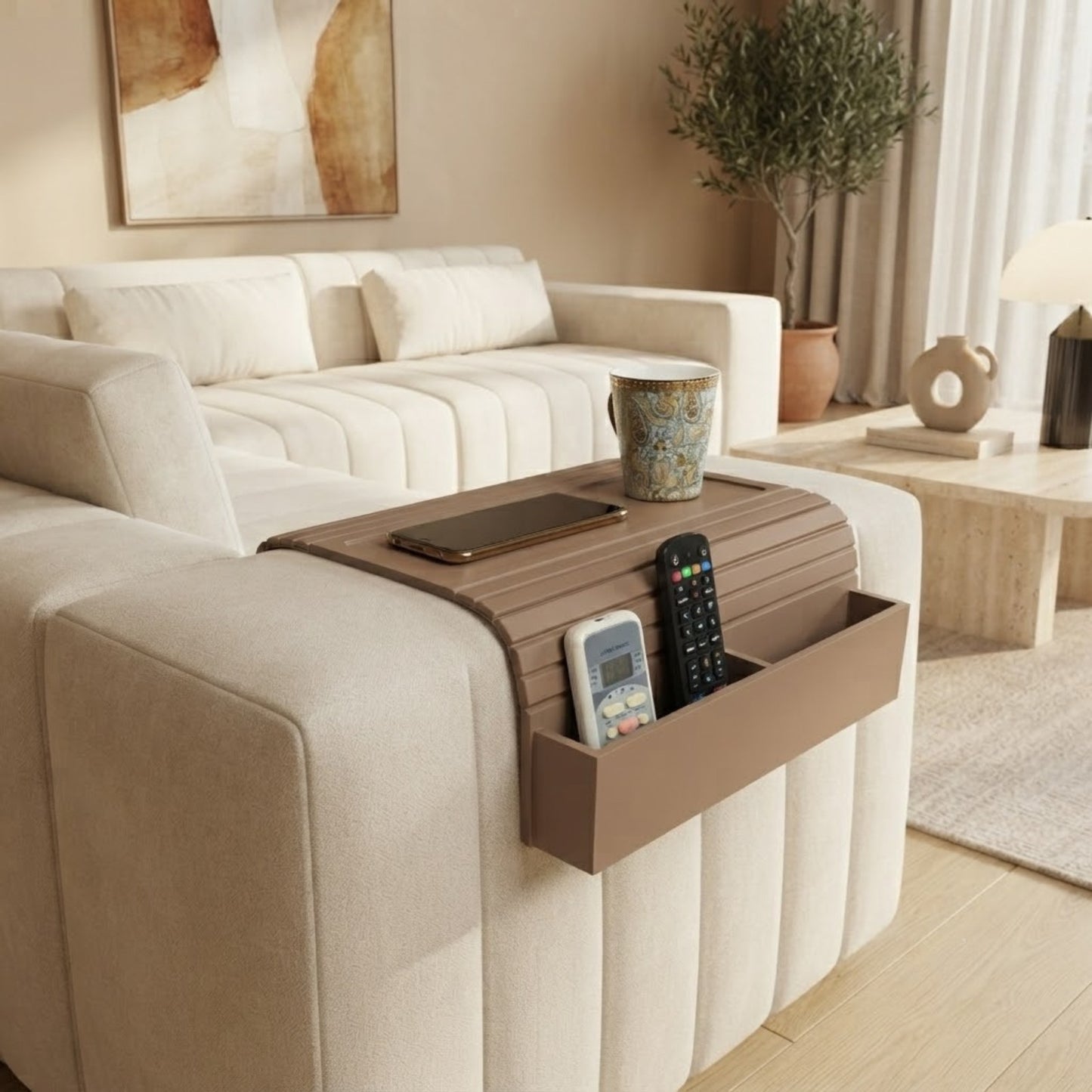 Home Sparkle Wooden Sofa Arm Tray with Remote Holder | Couch Armrest Table Organizer for Drinks, Snacks, Phone & TV Remote | Foldable Sofa Arm Tray