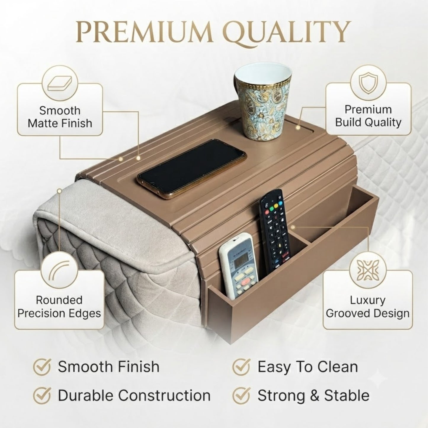 Home Sparkle Wooden Sofa Arm Tray with Remote Holder | Couch Armrest Table Organizer for Drinks, Snacks, Phone & TV Remote | Foldable Sofa Arm Tray