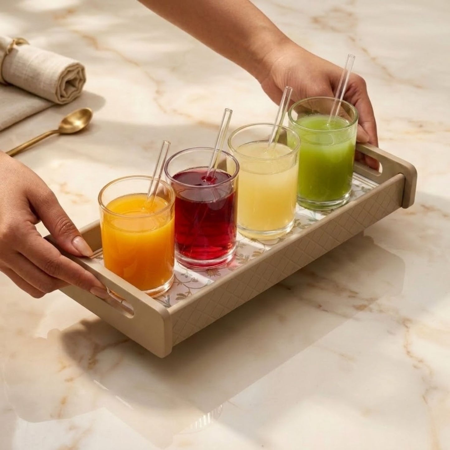 Home Sparkle Floral Wooden Serving Tray | Premium Tea & Coffee Serving Tray with Handles | Decorative Kitchen Tray