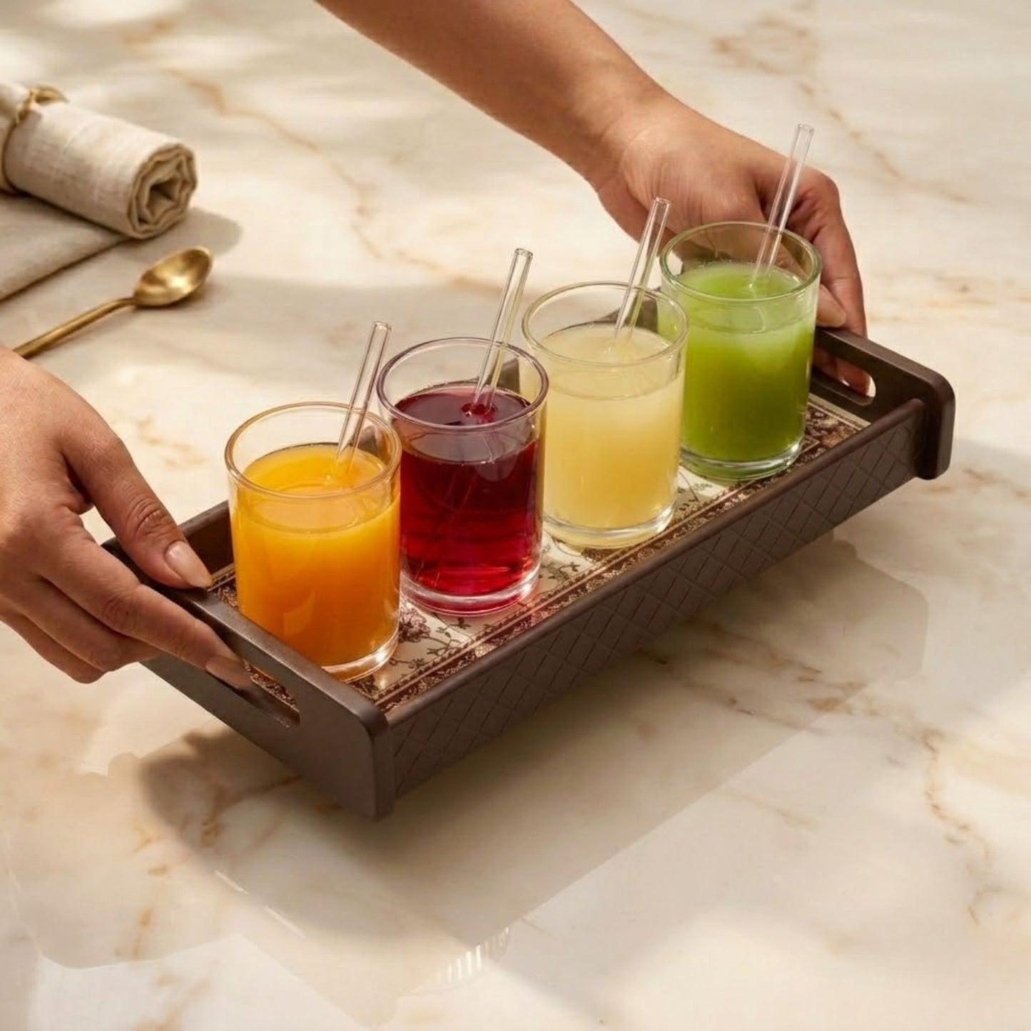 Home Sparkle Wooden Serving Tray | Persian Carpet Print Tea & Coffee Tray with Handles