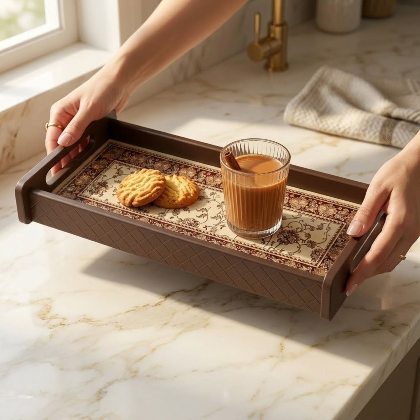 Home Sparkle Wooden Serving Tray | Persian Carpet Print Tea & Coffee Tray with Handles