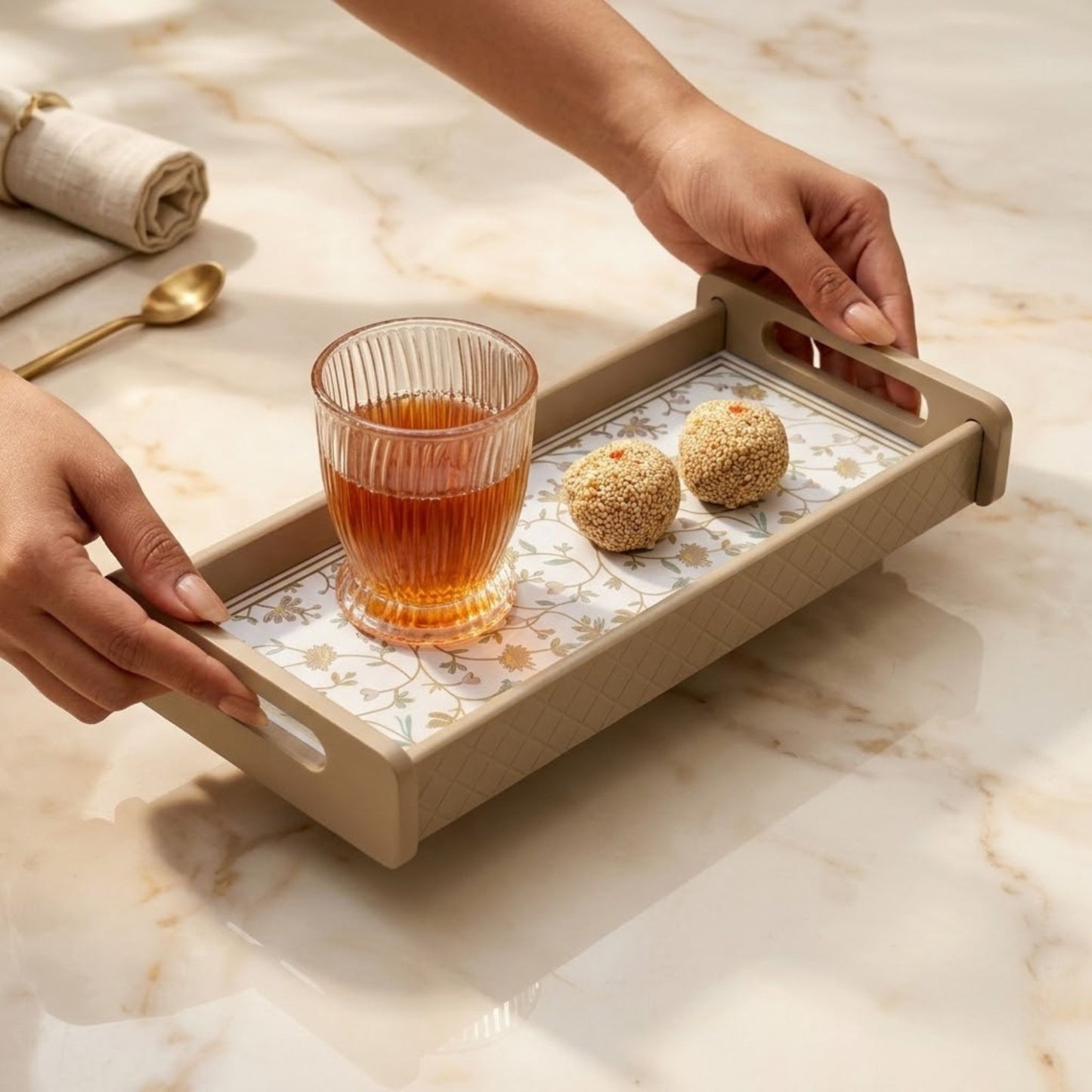 Home Sparkle Floral Wooden Serving Tray | Premium Tea & Coffee Serving Tray with Handles | Decorative Kitchen Tray