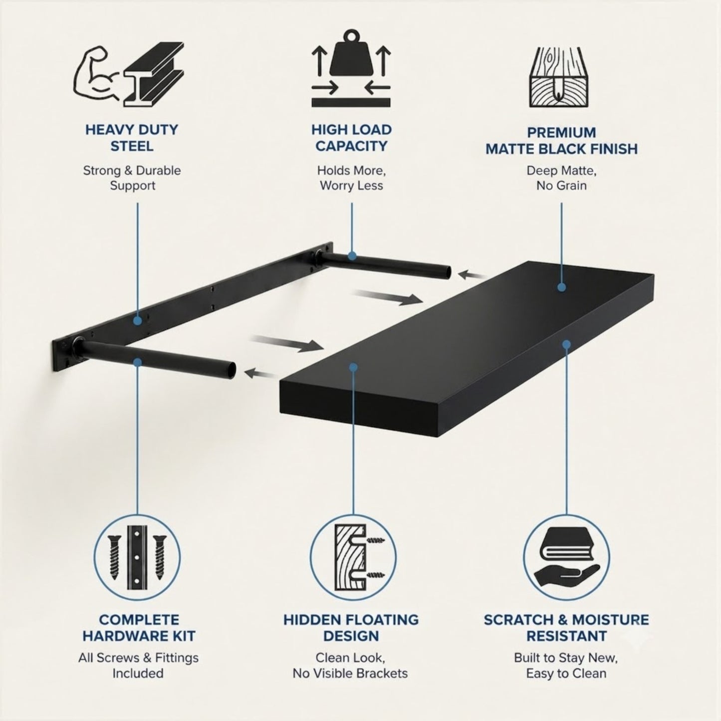 Home Sparkle Black Floating Wall Shelf | Engineered Wood Modern Wall Mounted Display Shelf