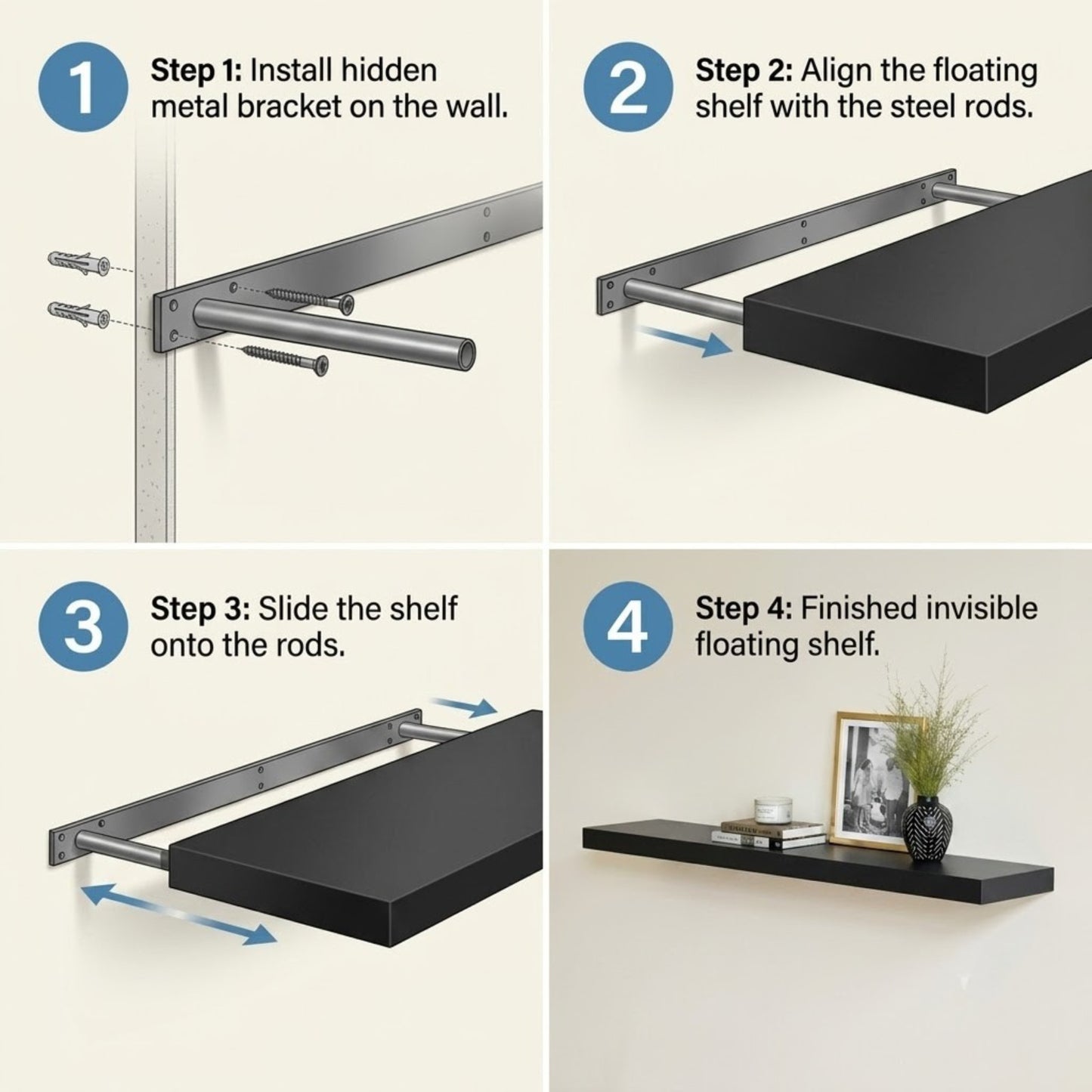 Home Sparkle Premium Floating Wall Shelf | Black Decorative Wall Shelf for Living Room & Bedroom