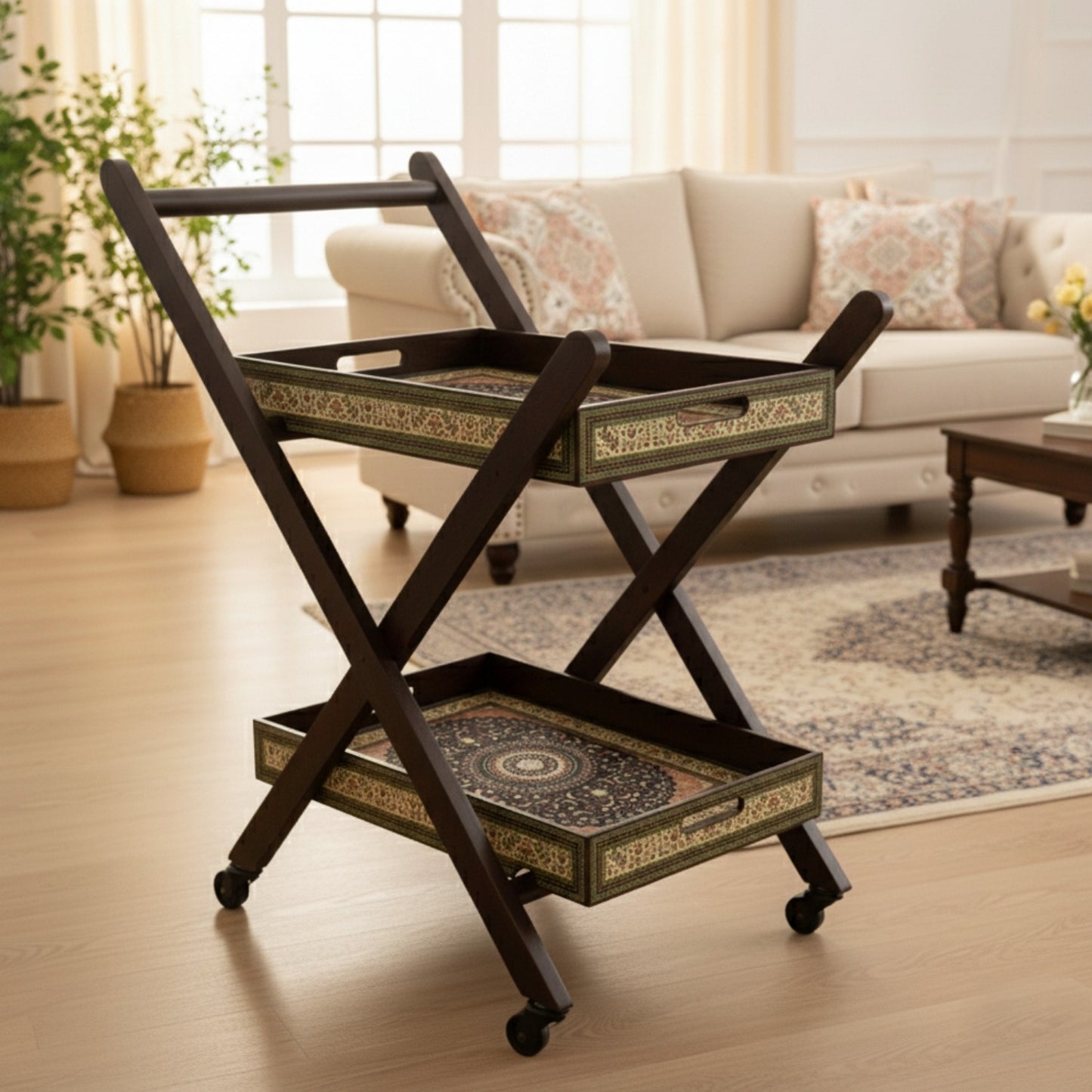 Home Sparkle Premium Folding Tea Trolley with 2 Removable Serving Trays | Wooden & Iron Rolling Serving Cart with Wheels | Multipurpose Kitchen & Living Room Utility Trolley