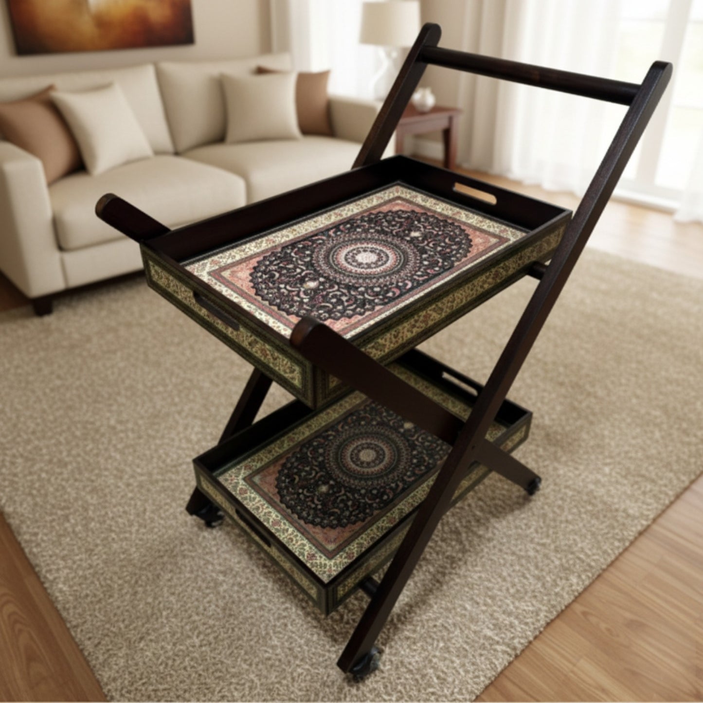 Home Sparkle Premium Folding Tea Trolley with 2 Removable Serving Trays | Wooden & Iron Rolling Serving Cart with Wheels | Multipurpose Kitchen & Living Room Utility Trolley