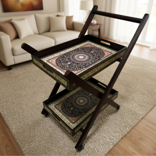 Home Sparkle Premium Folding Tea Trolley with 2 Removable Serving Trays | Wooden & Iron Rolling Serving Cart with Wheels | Multipurpose Kitchen & Living Room Utility Trolley