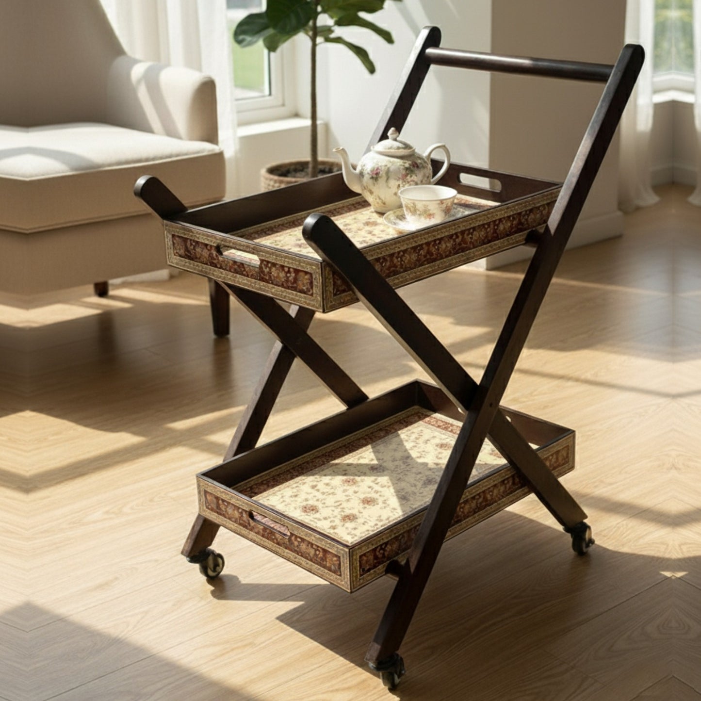 Home Sparkle Premium Folding Tea Trolley with 2 Removable Serving Trays | Wooden Rolling Serving Cart with Wheels | Persian Floral Design | Kitchen & Living Room Utility Trolley