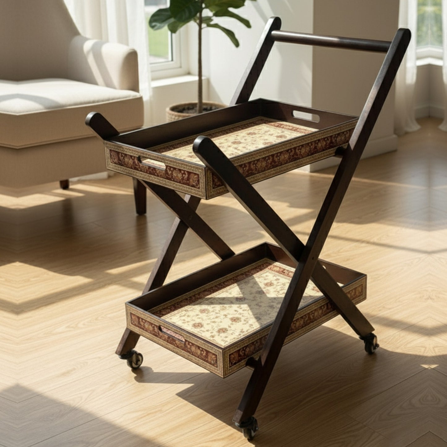 Home Sparkle Premium Folding Tea Trolley with 2 Removable Serving Trays | Wooden Rolling Serving Cart with Wheels | Persian Floral Design | Kitchen & Living Room Utility Trolley