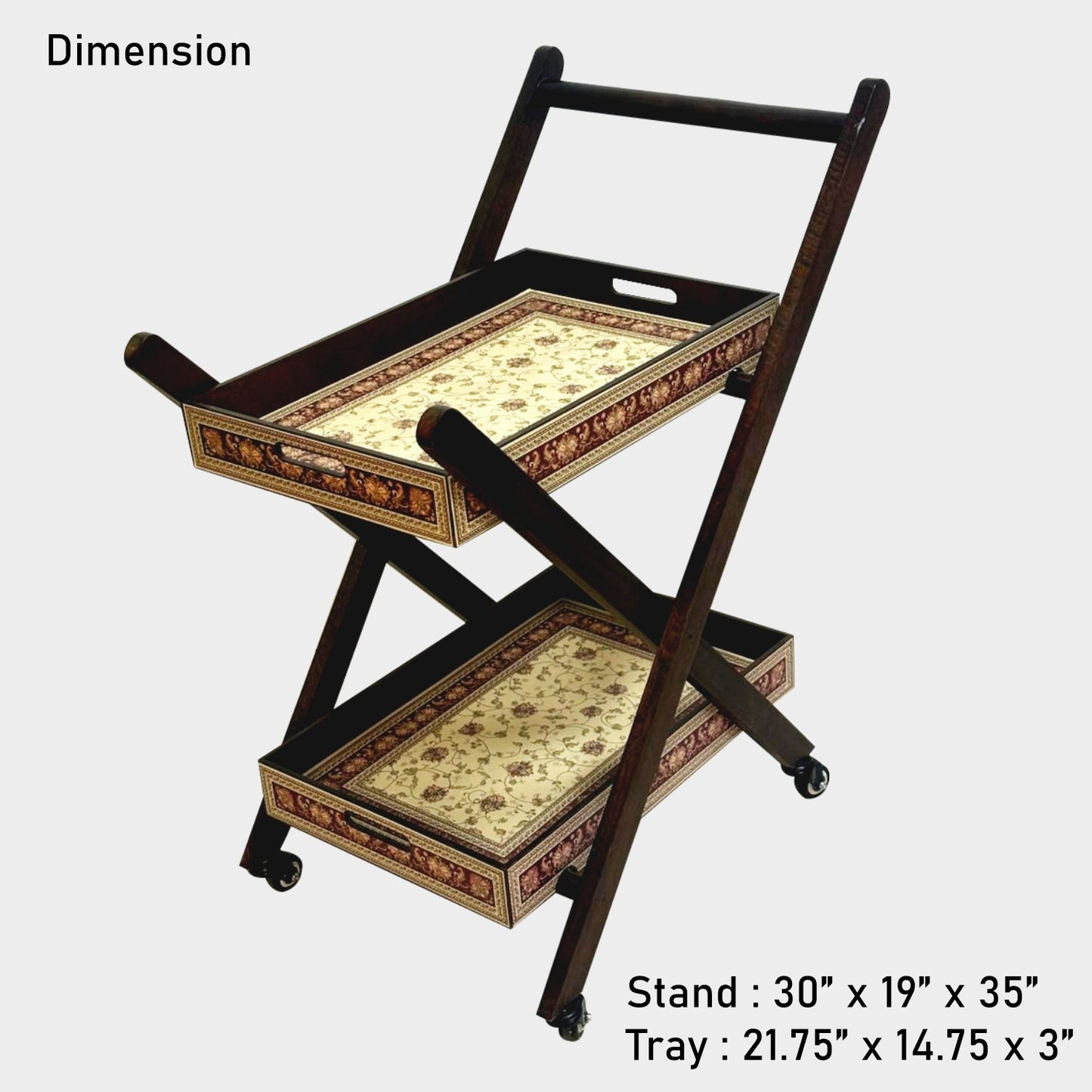 Home Sparkle Premium Folding Tea Trolley with 2 Removable Serving Trays | Wooden Rolling Serving Cart with Wheels | Persian Floral Design | Kitchen & Living Room Utility Trolley
