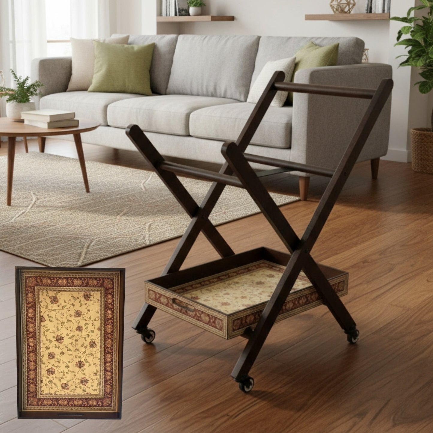 Home Sparkle Premium Folding Tea Trolley with 2 Removable Serving Trays | Wooden Rolling Serving Cart with Wheels | Persian Floral Design | Kitchen & Living Room Utility Trolley