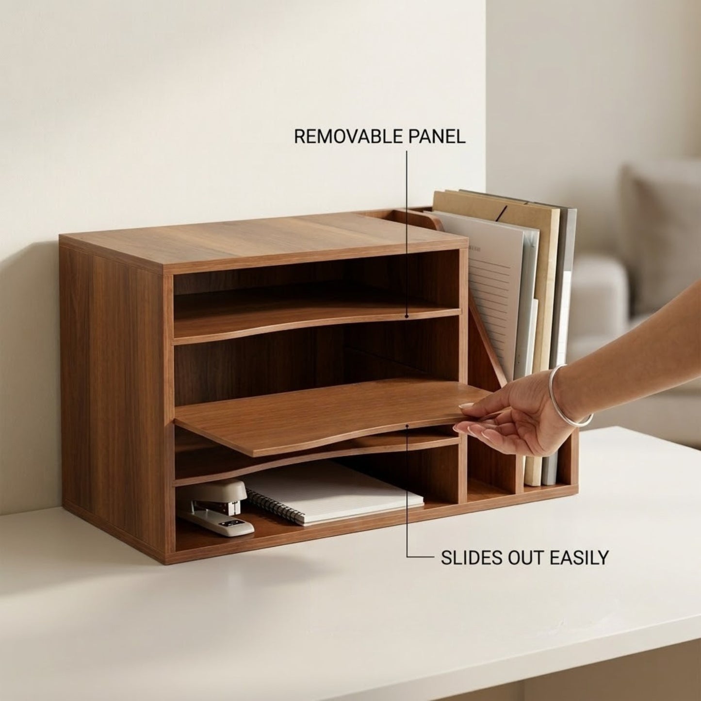 Home Sparkle Wooden Desk Organizer with Removable Sliding Shelf | Desktop File & Document Storage Rack | Walnut Finish