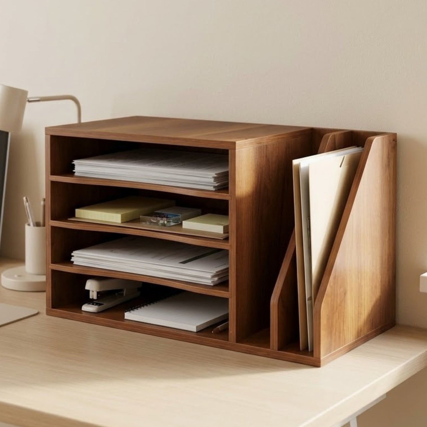 Home Sparkle Wooden Desk Organizer with Removable Sliding Shelf | Desktop File & Document Storage Rack | Walnut Finish