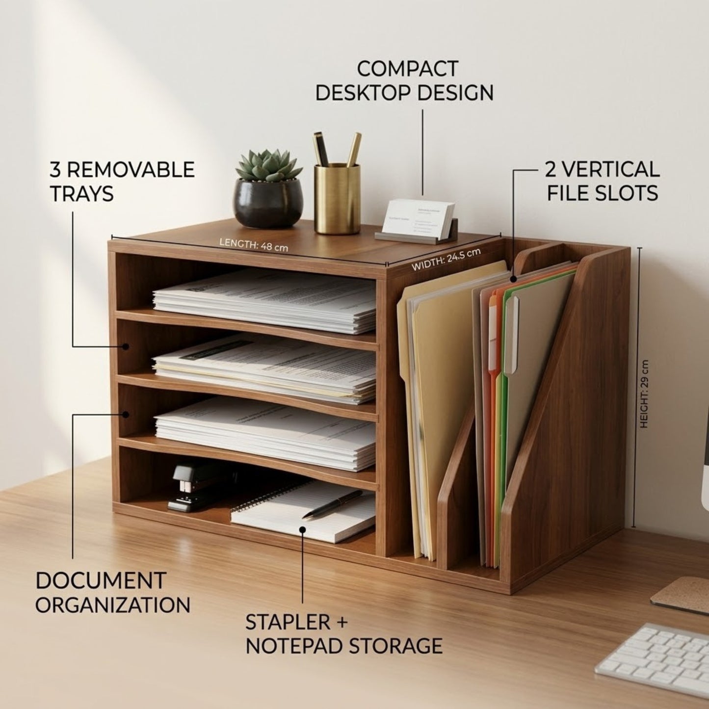 Home Sparkle Wooden Desk Organizer with Removable Sliding Shelf | Desktop File & Document Storage Rack | Walnut Finish
