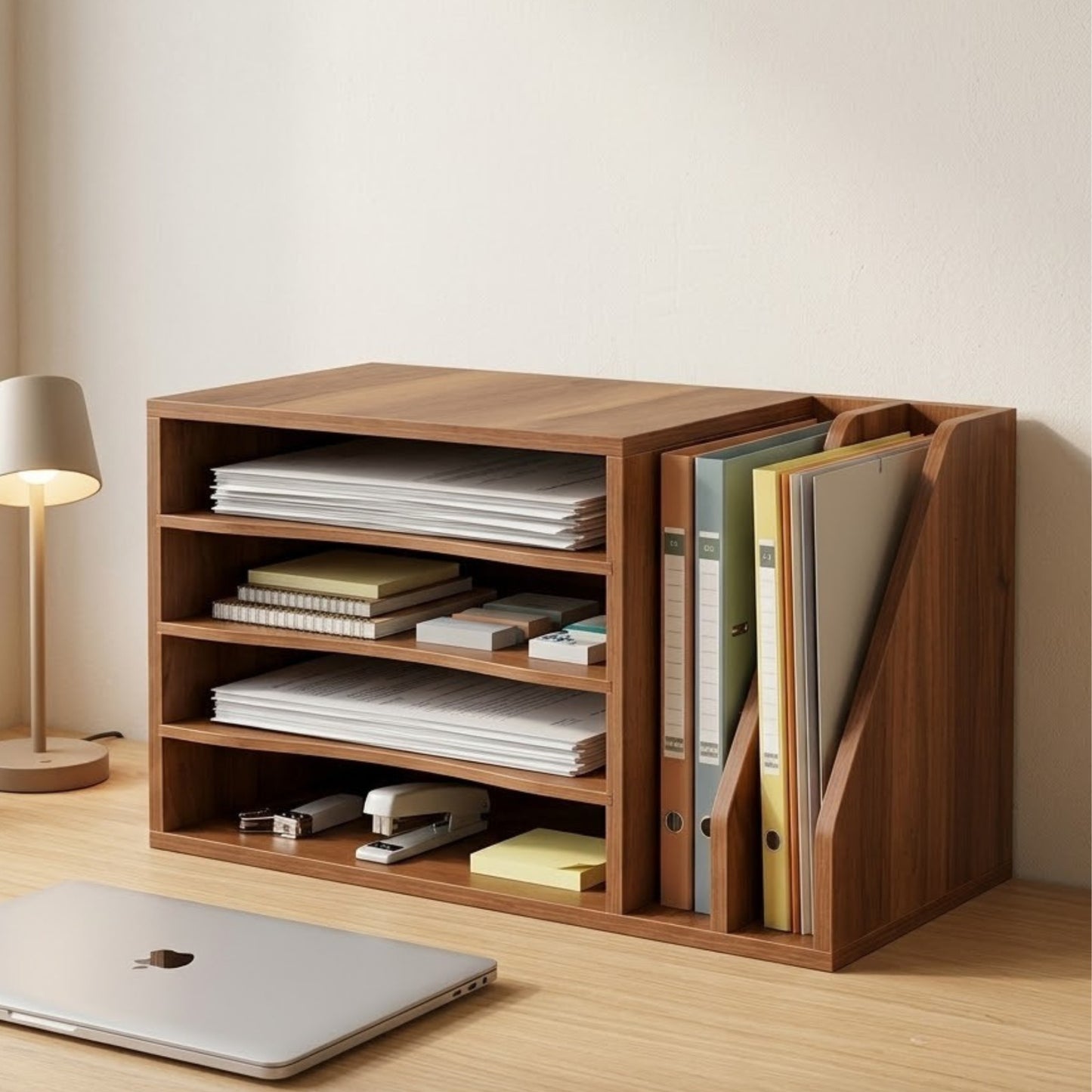 Home Sparkle Wooden Desk Organizer with Removable Sliding Shelf | Desktop File & Document Storage Rack | Walnut Finish