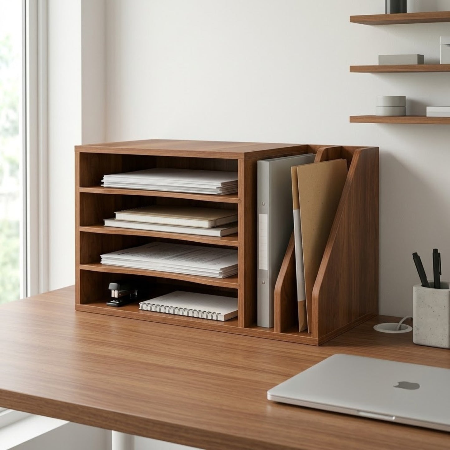 Home Sparkle Wooden Desk Organizer with Removable Sliding Shelf | Desktop File & Document Storage Rack | Walnut Finish