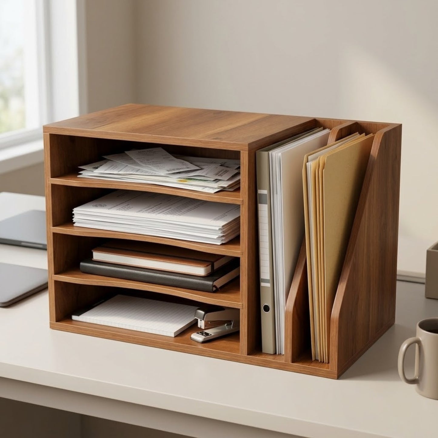 Home Sparkle Wooden Desk Organizer with Removable Sliding Shelf | Desktop File & Document Storage Rack | Walnut Finish