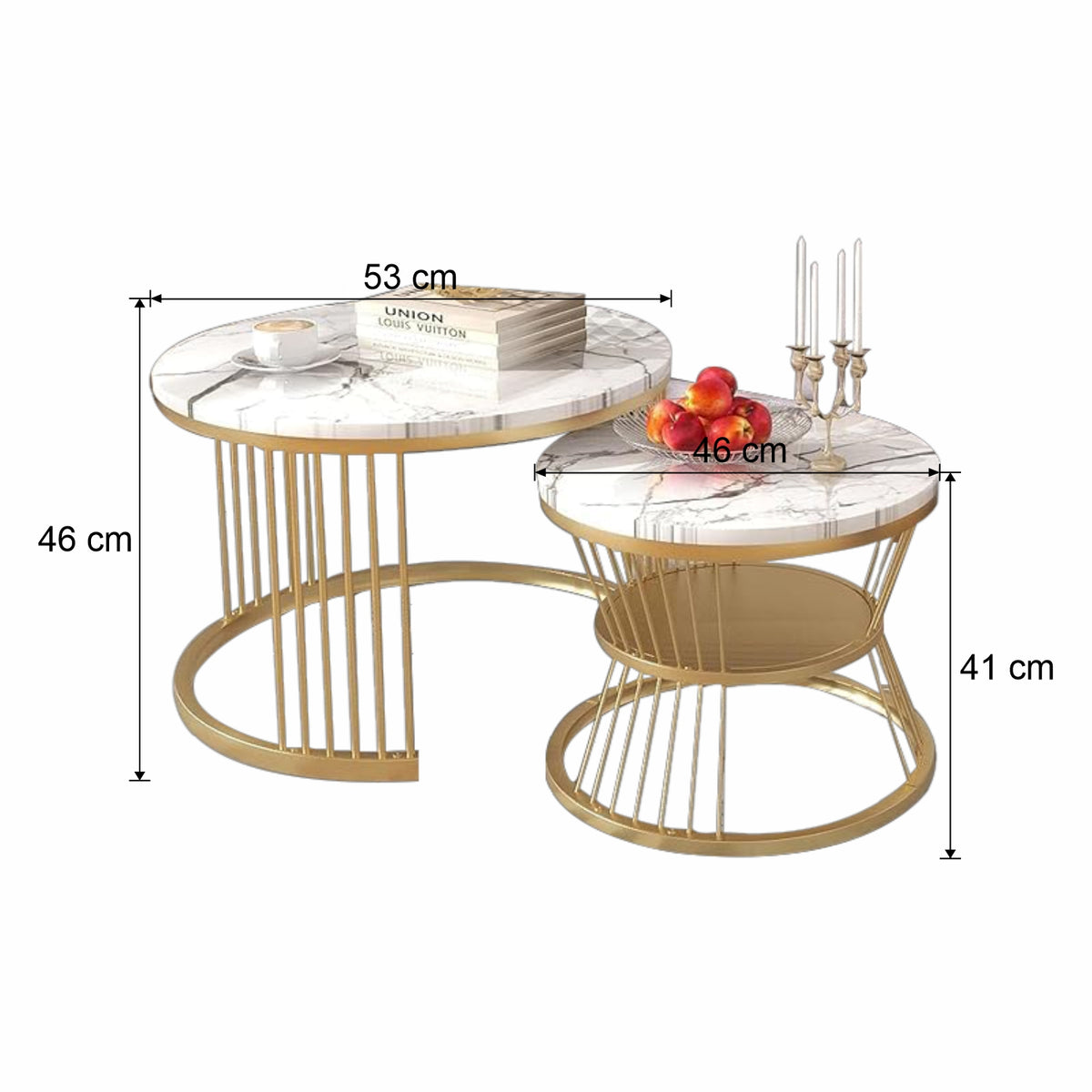 Home Sparkle Round Coffee Table Set of 2 | Premium Marble Finish with Gold Metal Frame | Modern Nesting Tables