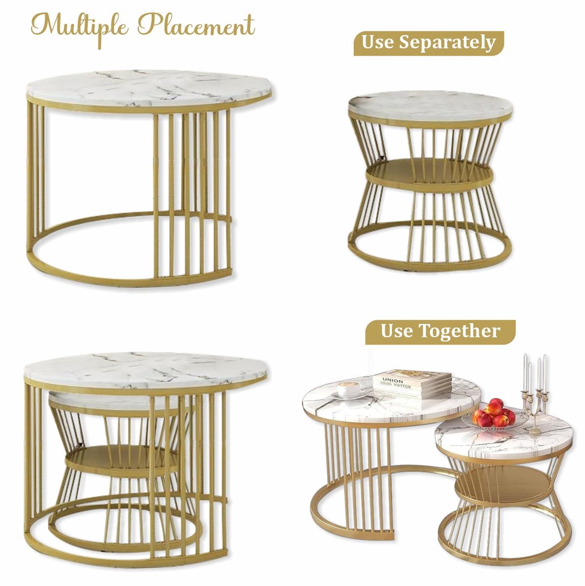 Home Sparkle Round Coffee Table Set of 2 | Premium Marble Finish with Gold Metal Frame | Modern Nesting Tables