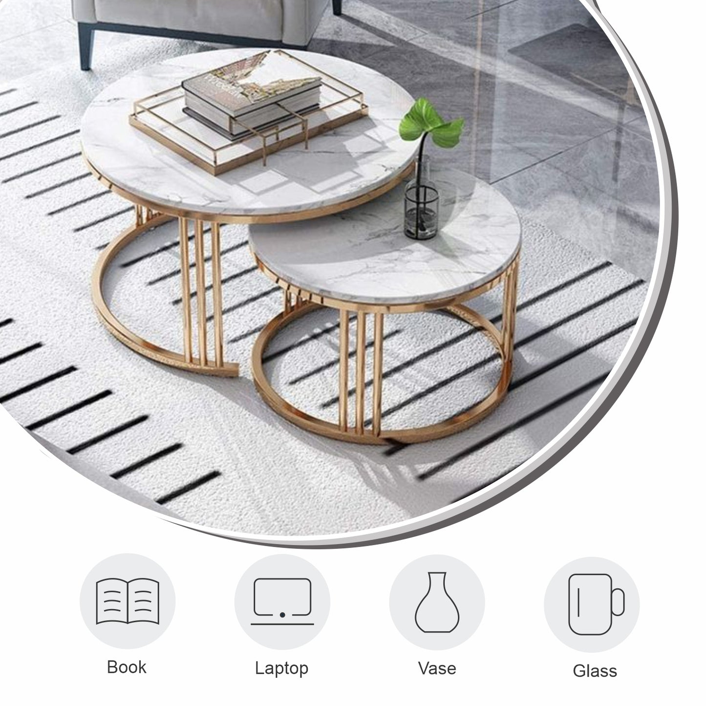 Home Sparkle Modern Round Nesting Coffee Table Set | White Marble-Look Top with Gold Finish Metal Frame | Elegant Center Table Set for Living Room | Contemporary Home Décor