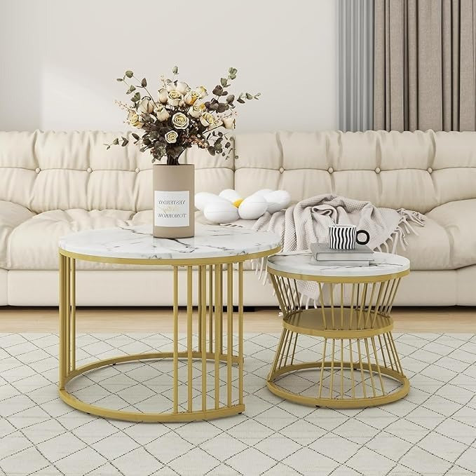 Home Sparkle Round Coffee Table Set of 2 | Premium Marble Finish with Gold Metal Frame | Modern Nesting Tables