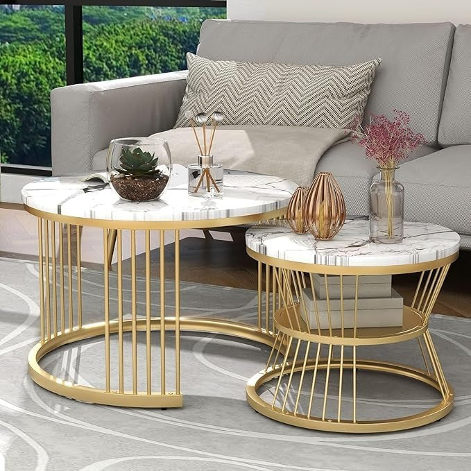 Home Sparkle Round Coffee Table Set of 2 | Premium Marble Finish with Gold Metal Frame | Modern Nesting Tables