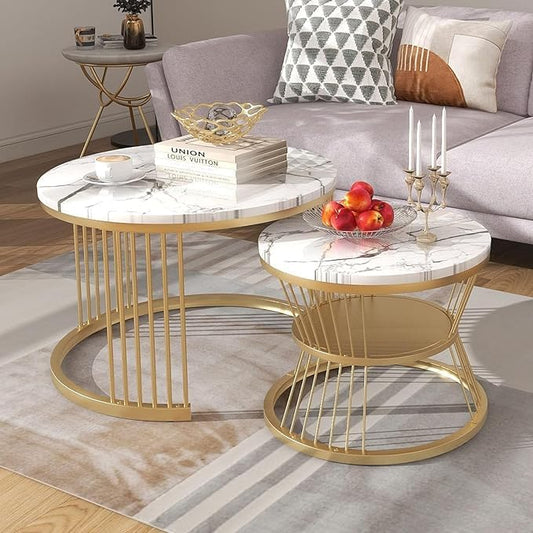Home Sparkle Round Coffee Table Set of 2 | Premium Marble Finish with Gold Metal Frame | Modern Nesting Tables