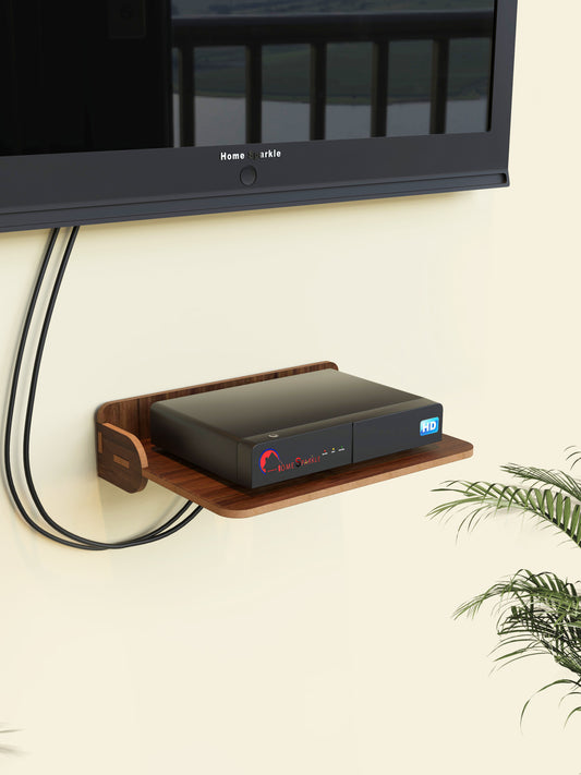 Home Sparkle Wall Mounted Wooden TV Set-Top Box Stand | Floating Media Shelf for DTH, WiFi Router & Gaming Console | Cable Management | Walnut Finish