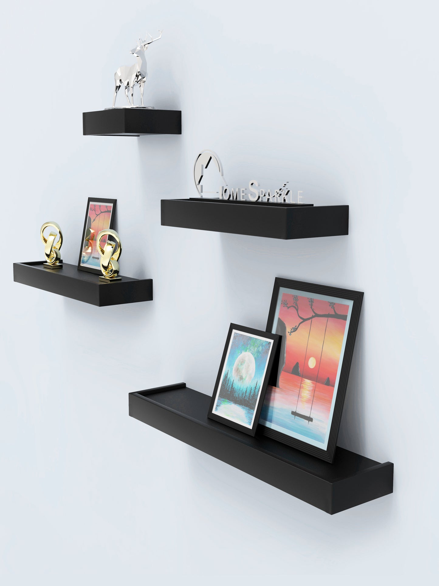 Home Sparkle Modern Floating Wall Shelves Set of 4 – Decorative Wall Mounted Display Shelves for Living Room, Bedroom & Office