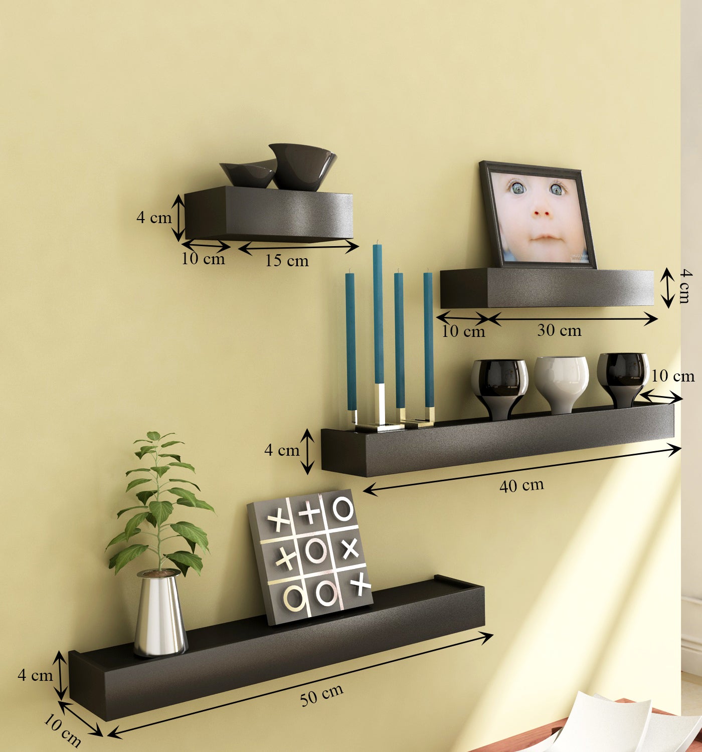 Home Sparkle Modern Floating Wall Shelves Set of 4 – Decorative Wall Mounted Display Shelves for Living Room, Bedroom & Office