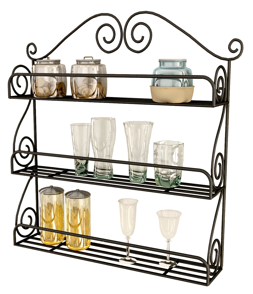 Home Sparkle 3-Tier Wall Mounted Kitchen Rack | Wrought Iron Spice & Storage Shelf for Jars, Bottles, Glasses & Kitchen Essentials | Black