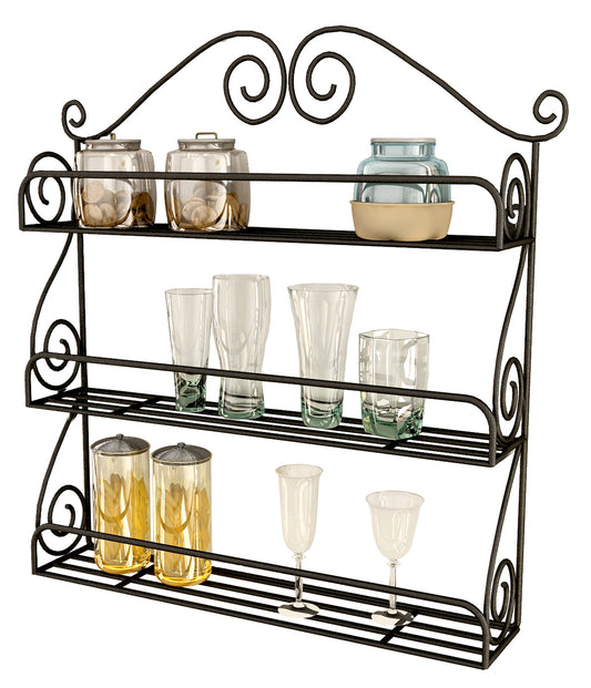 Home Sparkle 3-Tier Wall Mounted Kitchen Rack | Wrought Iron Spice & Storage Shelf for Jars, Bottles, Glasses & Kitchen Essentials | Black