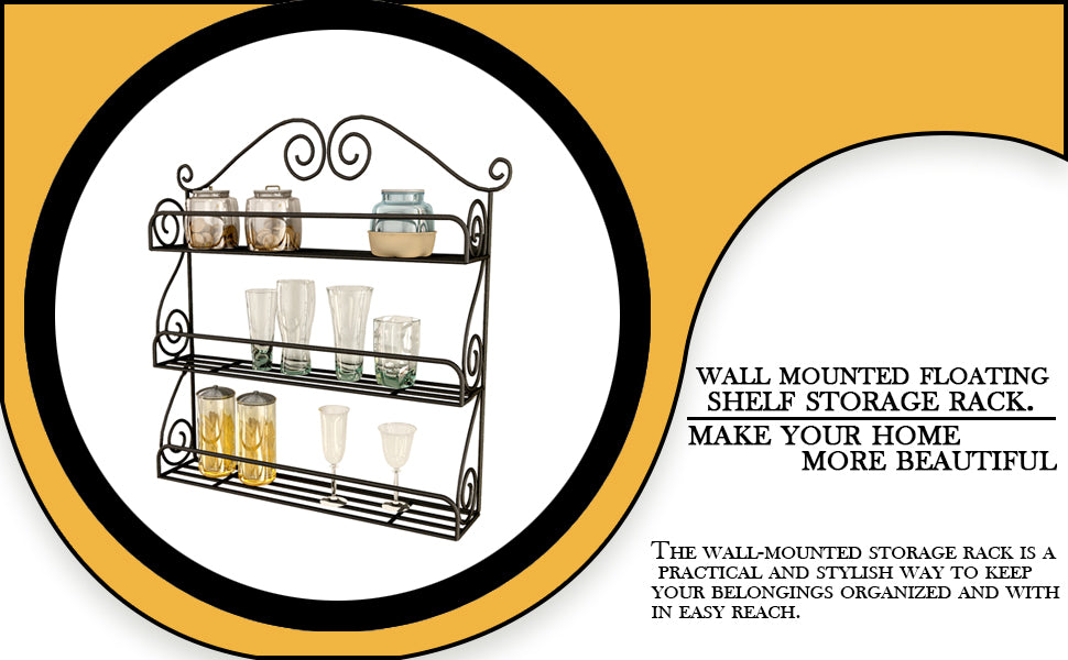 Home Sparkle 3-Tier Wall Mounted Kitchen Rack | Wrought Iron Spice & Storage Shelf for Jars, Bottles, Glasses & Kitchen Essentials | Black