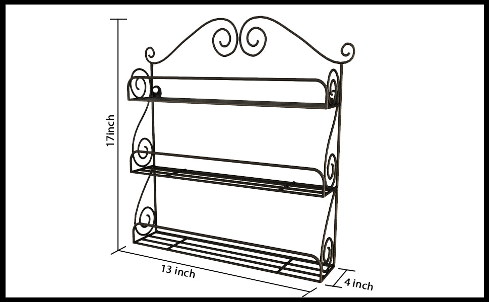 Home Sparkle 3-Tier Wall Mounted Kitchen Rack | Wrought Iron Spice & Storage Shelf for Jars, Bottles, Glasses & Kitchen Essentials | Black