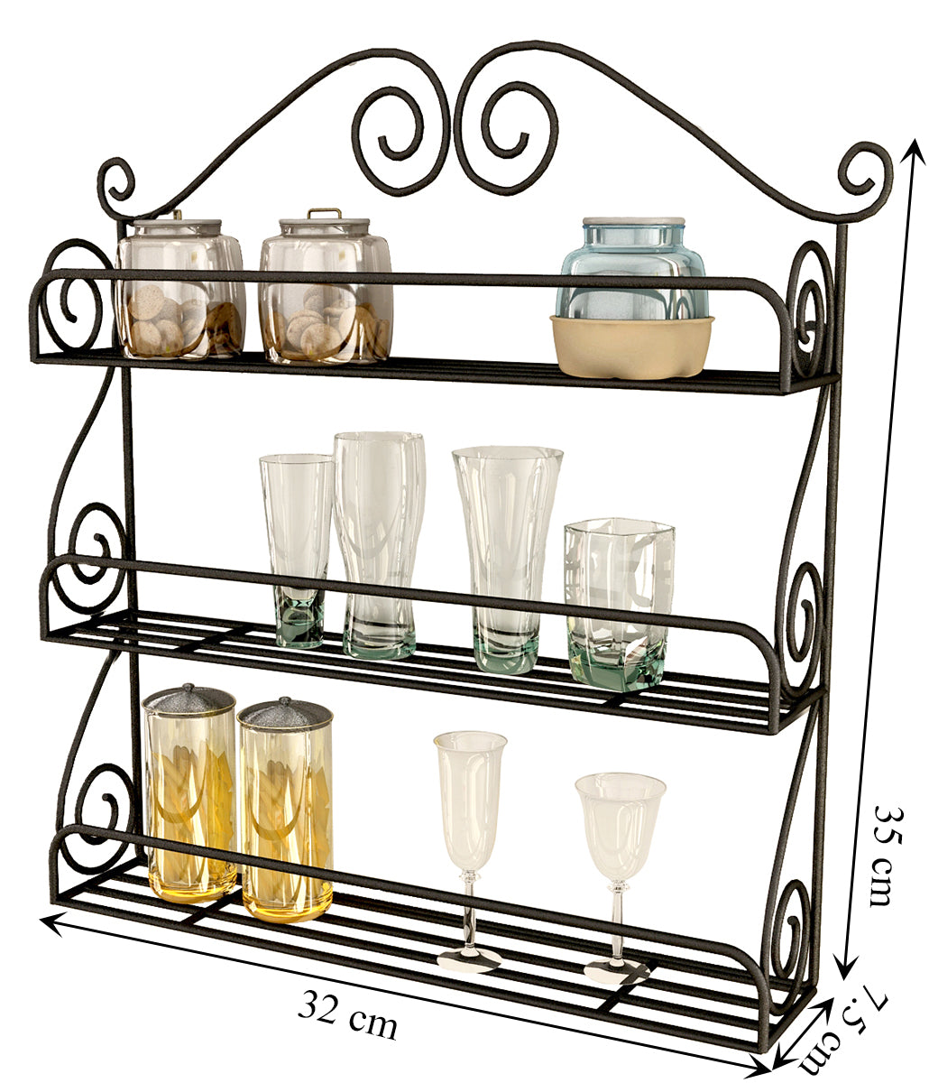 Home Sparkle 3-Tier Wall Mounted Kitchen Rack | Wrought Iron Spice & Storage Shelf for Jars, Bottles, Glasses & Kitchen Essentials | Black