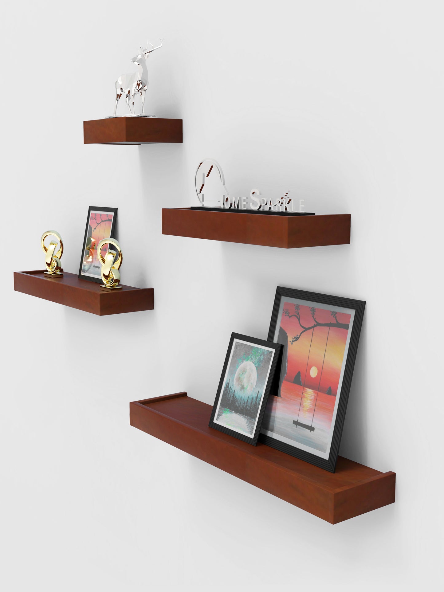Home Sparkle Modern Floating Wall Shelves Set of 4 – Brown Wall Mounted Display Shelves for Living Room, Bedroom & Office