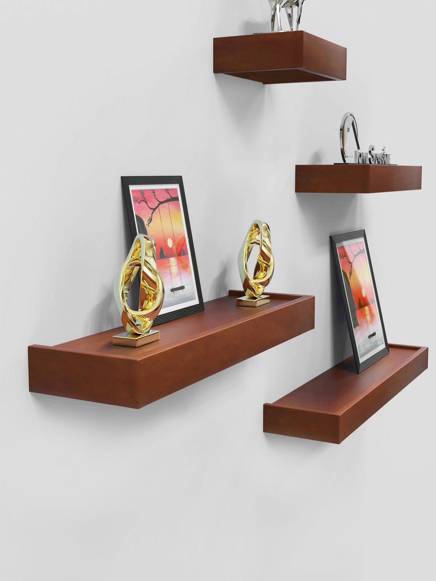 Home Sparkle Modern Floating Wall Shelves Set of 4 – Brown Wall Mounted Display Shelves for Living Room, Bedroom & Office