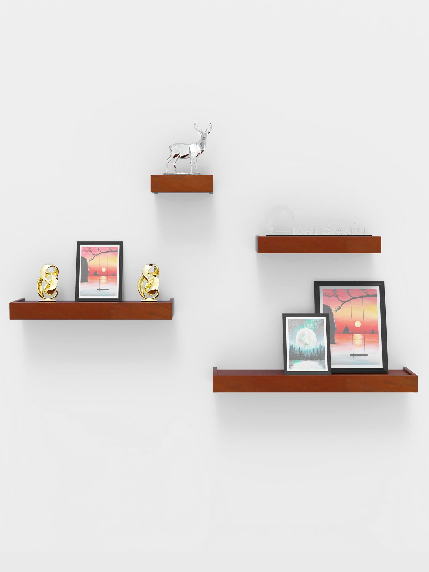 Home Sparkle Modern Floating Wall Shelves Set of 4 – Brown Wall Mounted Display Shelves for Living Room, Bedroom & Office