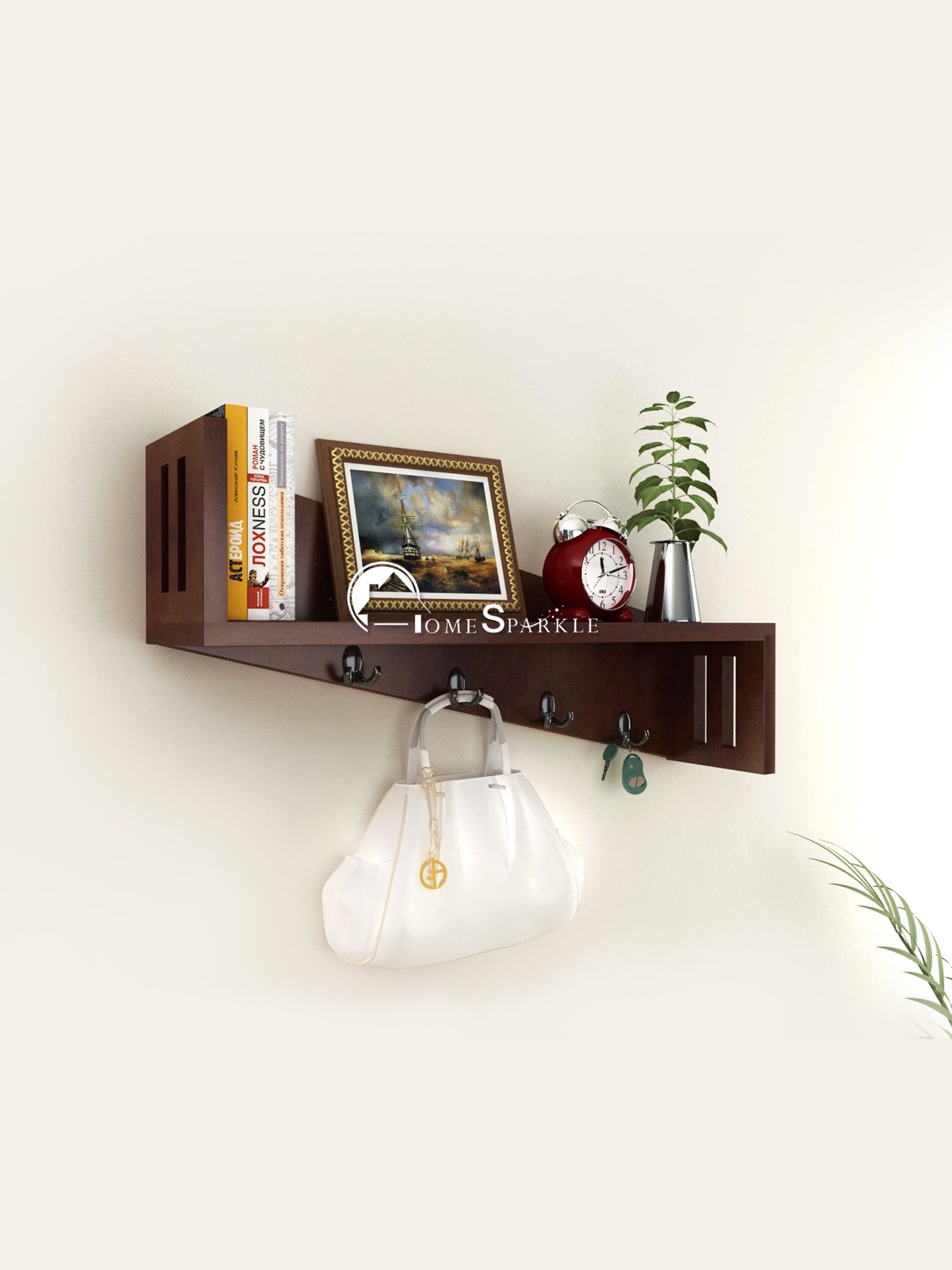 Home Sparkle Wall Mounted Entryway Shelf with 5 Key Hooks – Wooden Floating Organizer for Keys, Bags & Home Decor – Brown