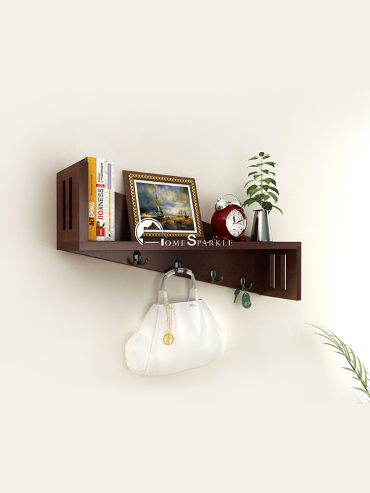 Home Sparkle Wall Mounted Entryway Shelf with 5 Key Hooks – Wooden Floating Organizer for Keys, Bags & Home Decor – Brown
