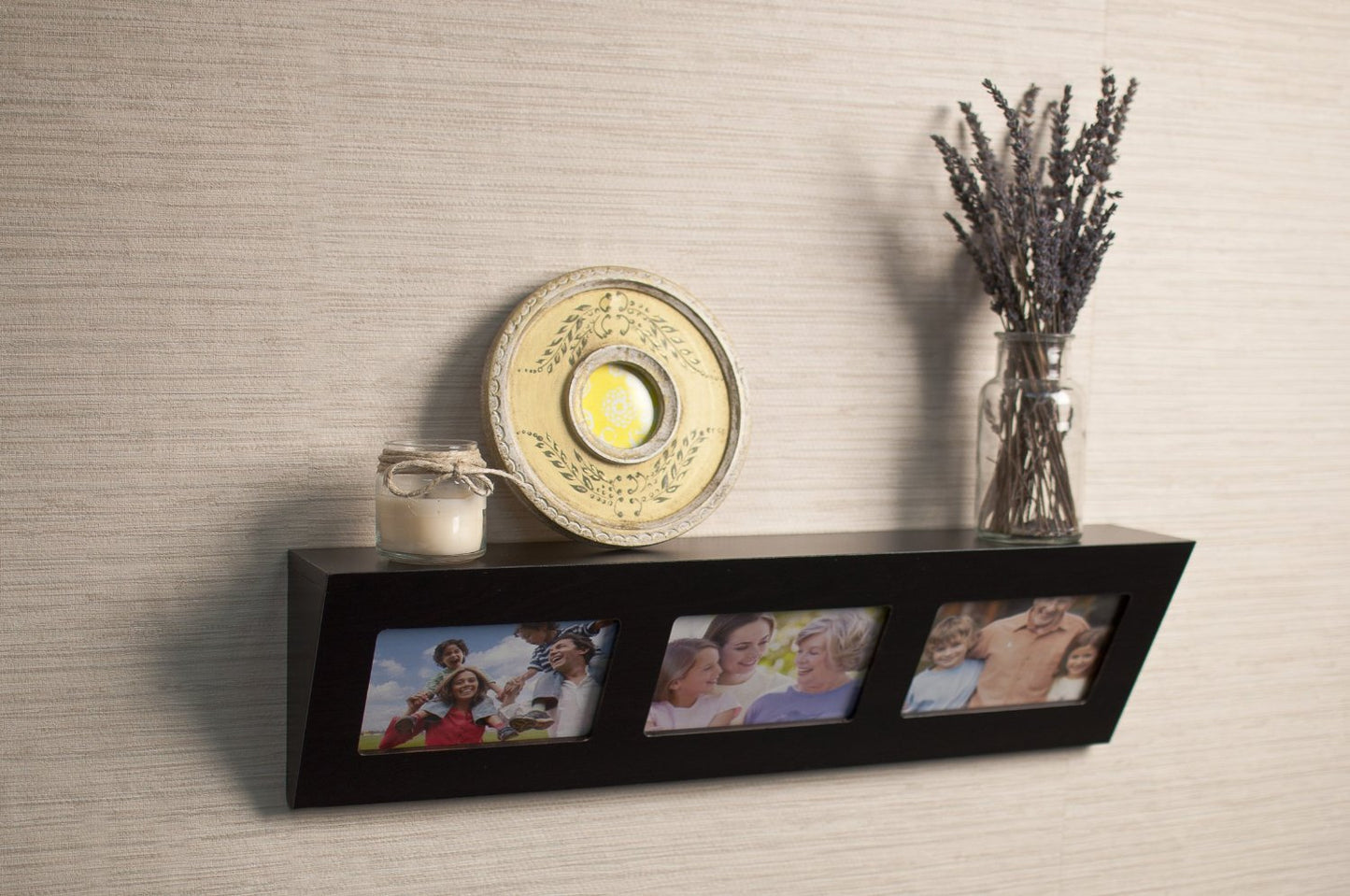 Home Sparkle Wall Mounted Floating Picture Ledge Shelf with 3 Photo Frames & Display Decor Shelf – Black