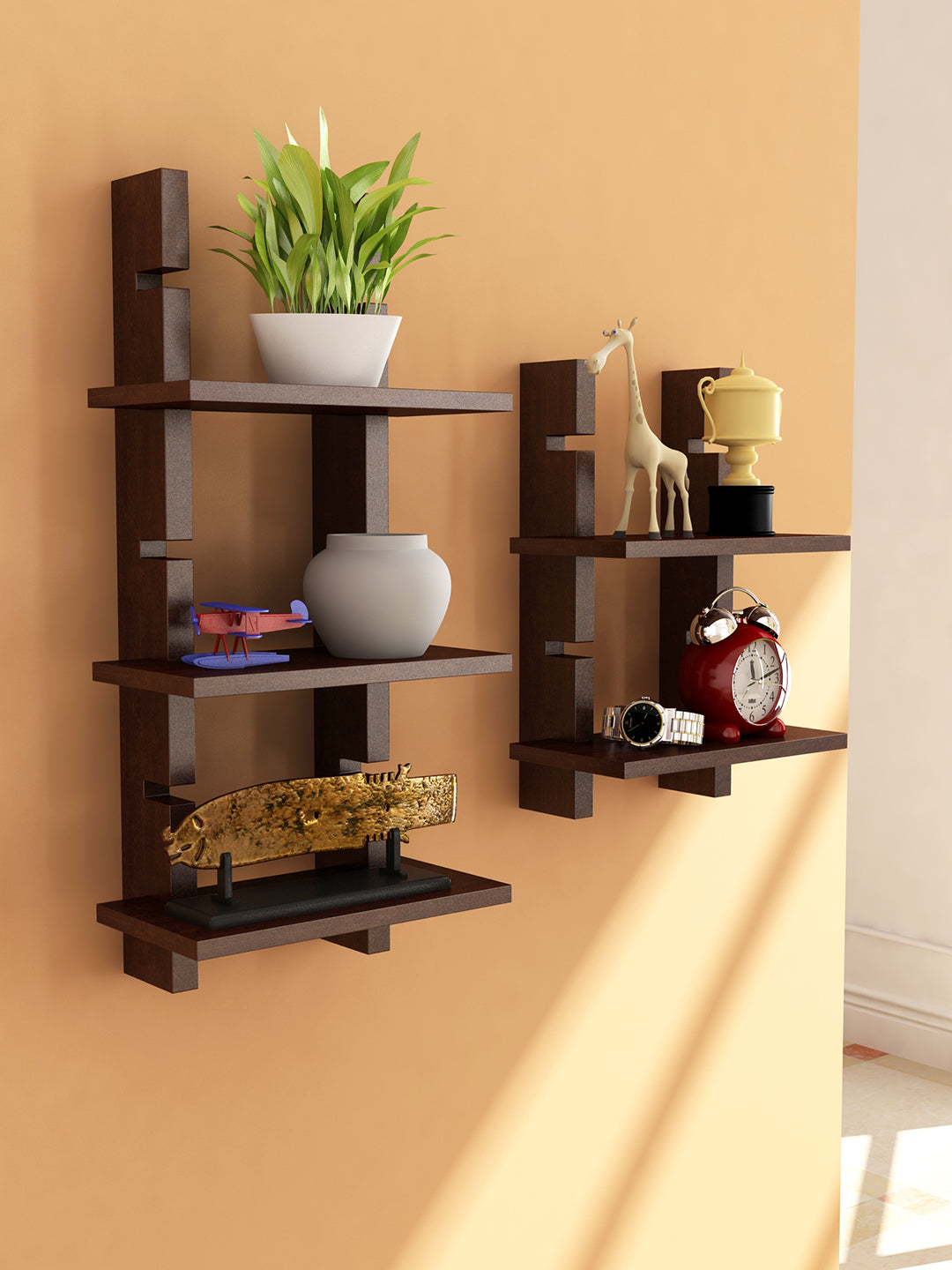 Home Sparkle Set of 2 Modern Zig Zag Floating Wall Shelves for Living Room, Bedroom & Office – Wooden Wall Mounted Display Rack