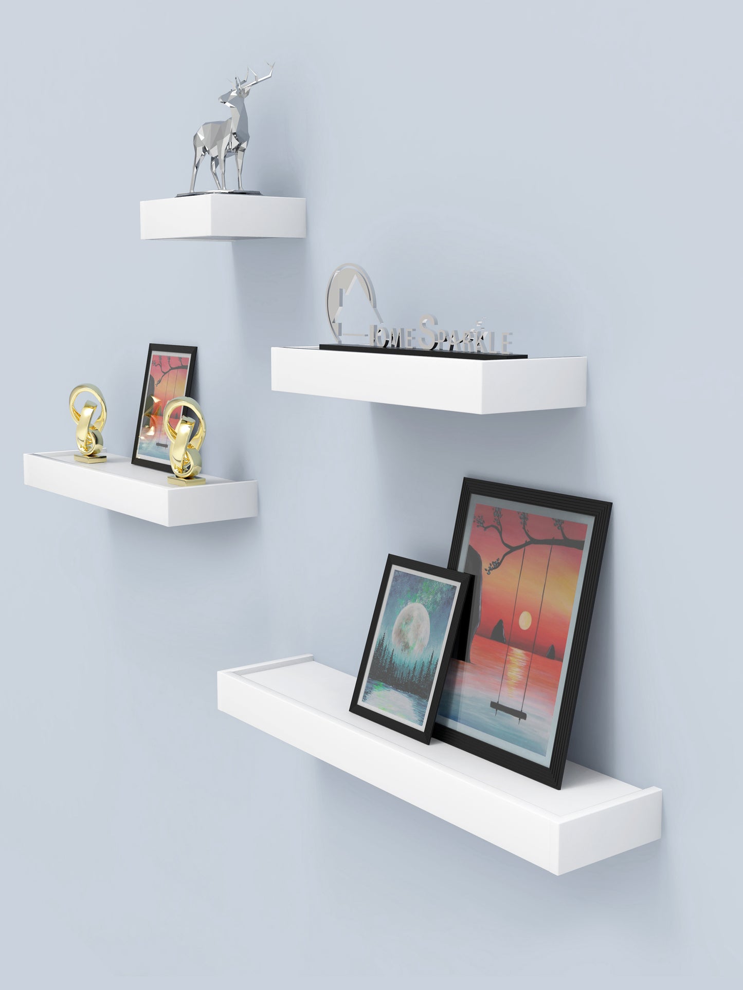 Home Sparkle Modern Floating Wall Shelves Set of 4 – White Wall Mounted Display Shelves for Living Room, Bedroom & Office