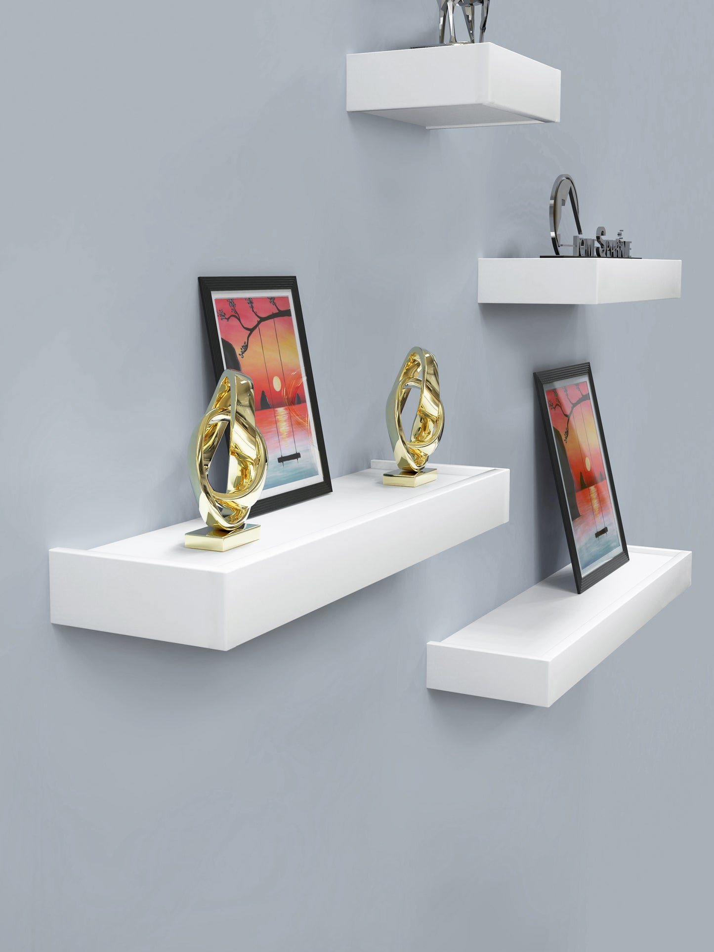 Home Sparkle Modern Floating Wall Shelves Set of 4 – White Wall Mounted Display Shelves for Living Room, Bedroom & Office