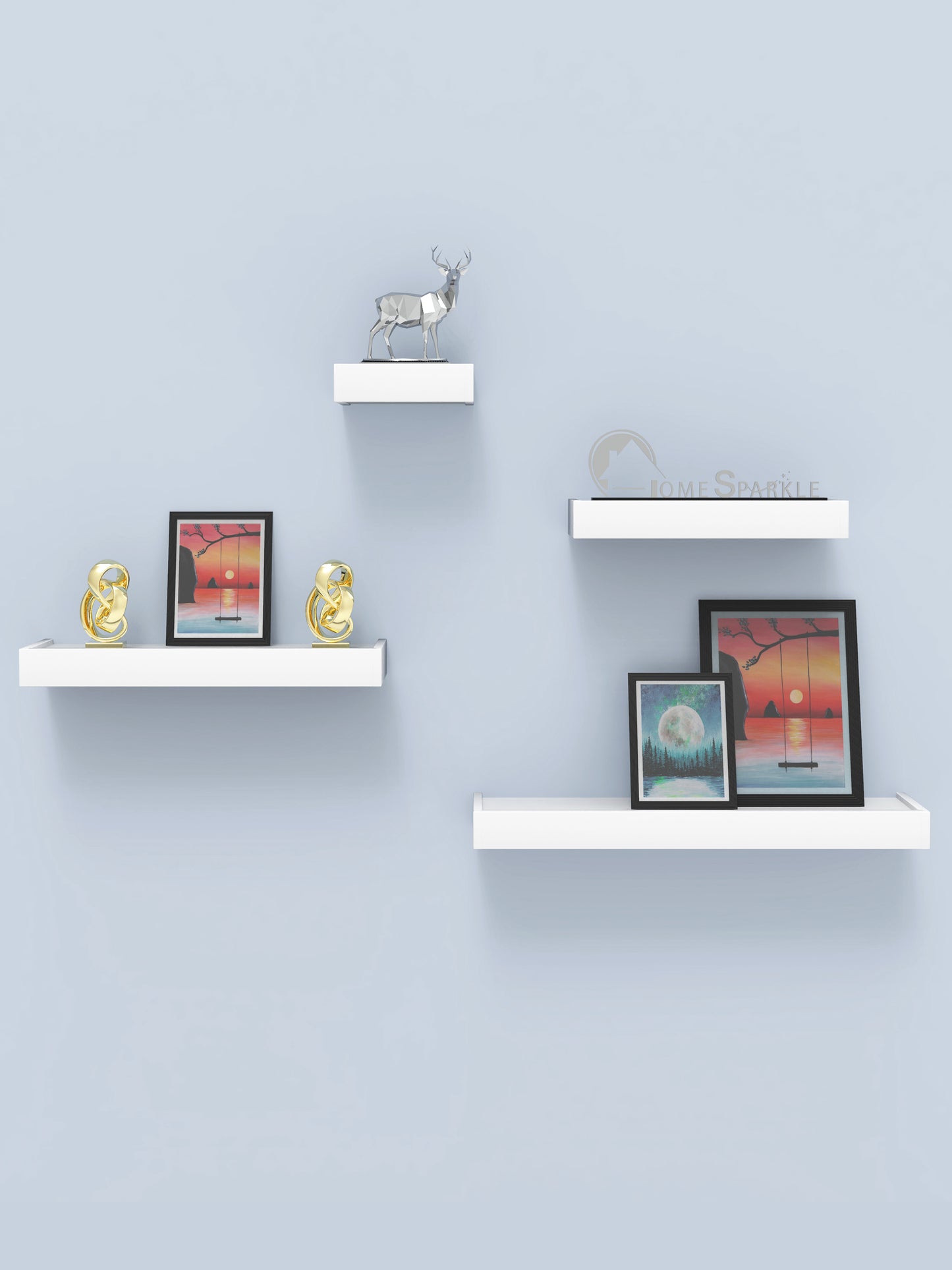 Home Sparkle Modern Floating Wall Shelves Set of 4 – White Wall Mounted Display Shelves for Living Room, Bedroom & Office