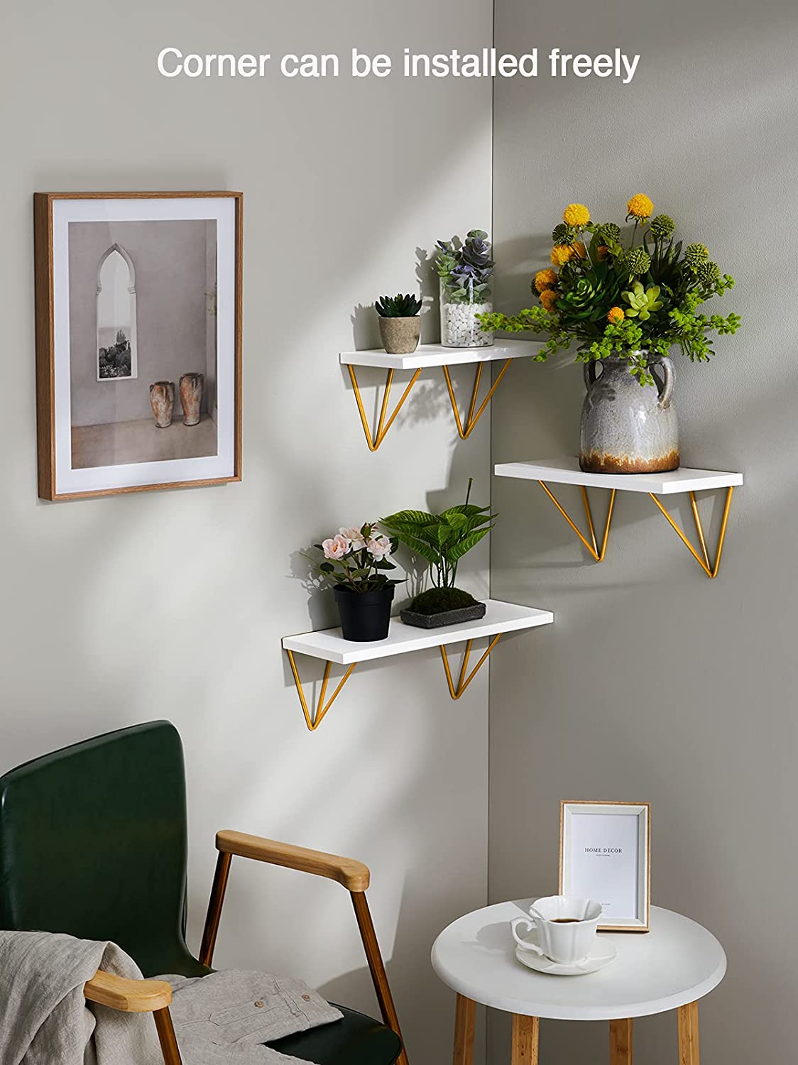 Home Sparkle Floating Shelves, Wall Shelf White and Gold for Bathroom/Bedroom/Living Room/Kitchen 3 Sets