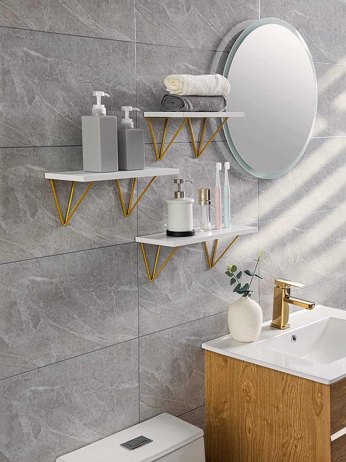 Home Sparkle Floating Shelves, Wall Shelf White and Gold for Bathroom/Bedroom/Living Room/Kitchen 3 Sets